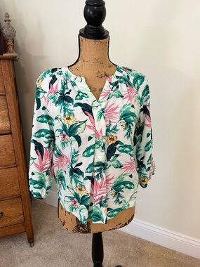 LOFT White Button-Down Top with Green & Pink Tropical Print